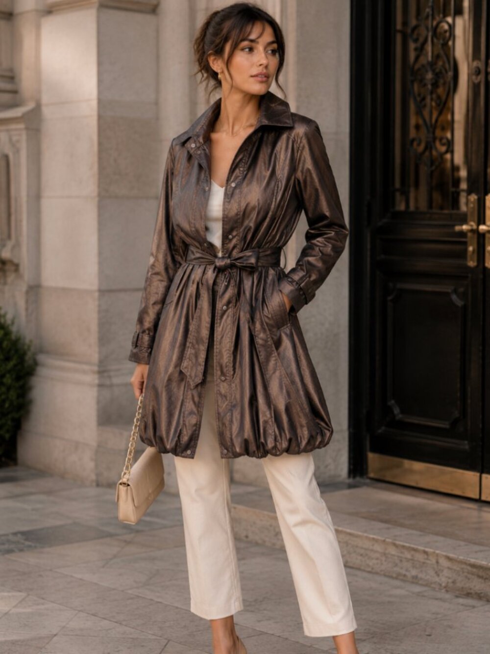 D&Y Metallic Bronze Bubble Hem Trench Coat Belted Jacket Size M
